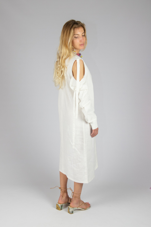 KM BY LANGE - WHITE LINEN REMOVABLE SLEEVE DRESS