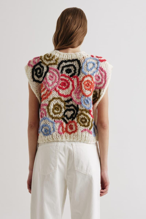 MIRSTORES - REVERSIBLE VEST WITH FLORAL EMBROIDERY - WHITE MULTICOLOR EMBROIDERY